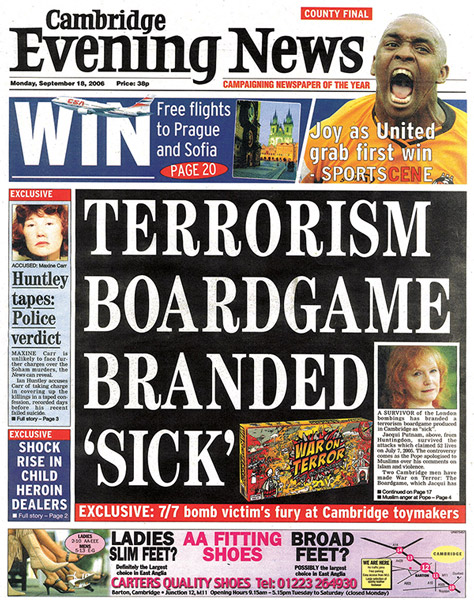 Cambridge Evening News brands 'Terrorism Boardgame' sick sick sick