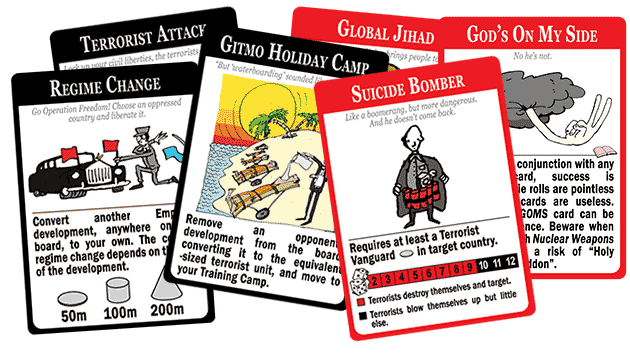 A sample of cards from War on Terror, the boardgame